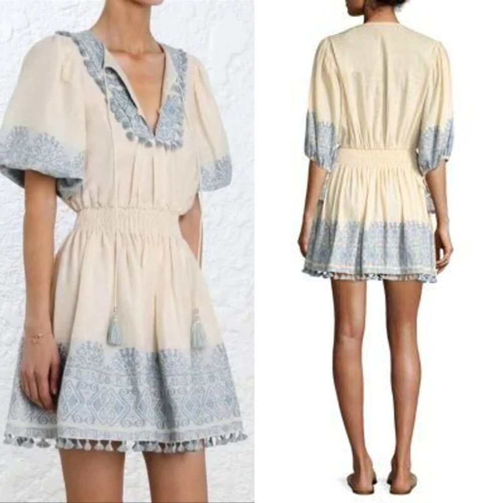 Zimmermann Helm Split Neck Jacquard Fringe Tassel Linen Lace Mini Dress - Picture 3 of 12